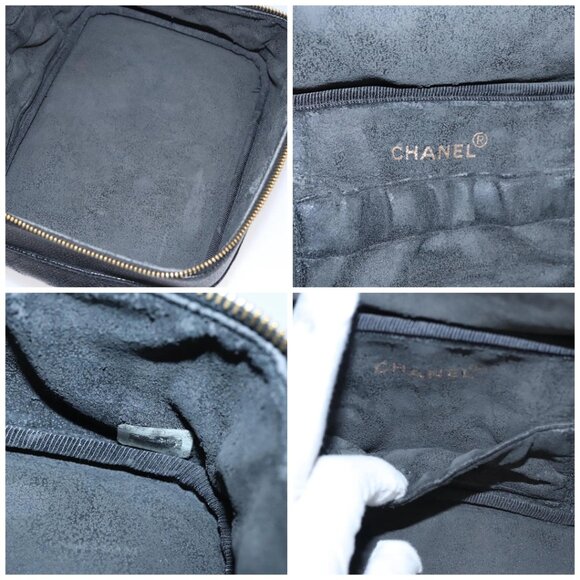 CHANEL Bicolore Vanity Cosmetic Pouch Grained Calf Skin Black Gold CC Auth - Picture 14 of 15